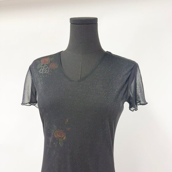 VINTAGE 90S STYLE LONG MESH MAXI DRESS SHIMMER WITH FLORALS - Picture 11 of 16